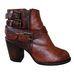 FREEBIRD “Bolo” Cognac Leather Zip Ankle Boots w/ Buckles